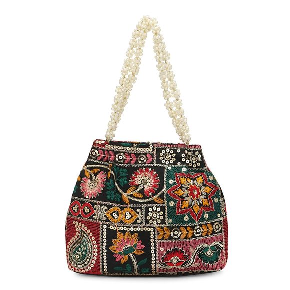Indian Ethnic Desner Embroidered Silk Potli Bag Batwa Pearls Handle Purse ^_^ - Picture 2 of 7